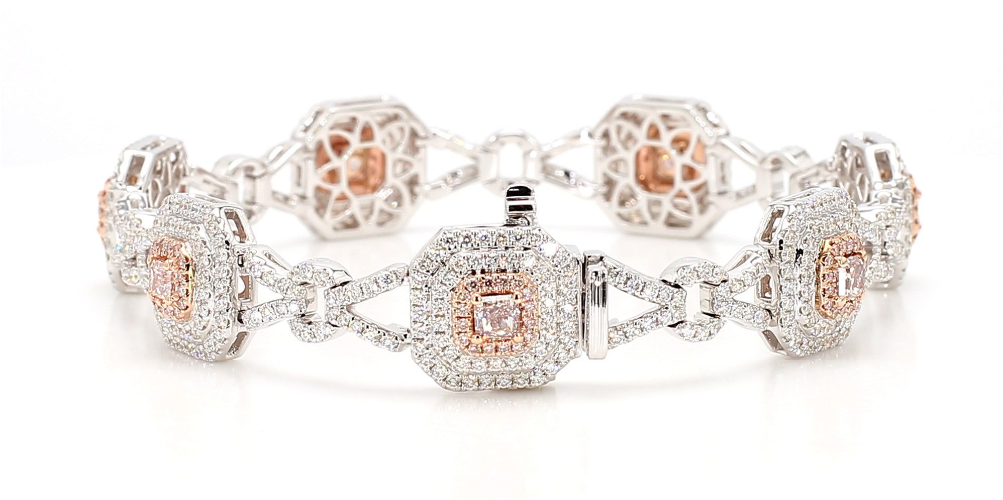 GIA Certified Fancy Pink Radiant Diamond 4.59 Carat TW Gold Tennis Bracelet