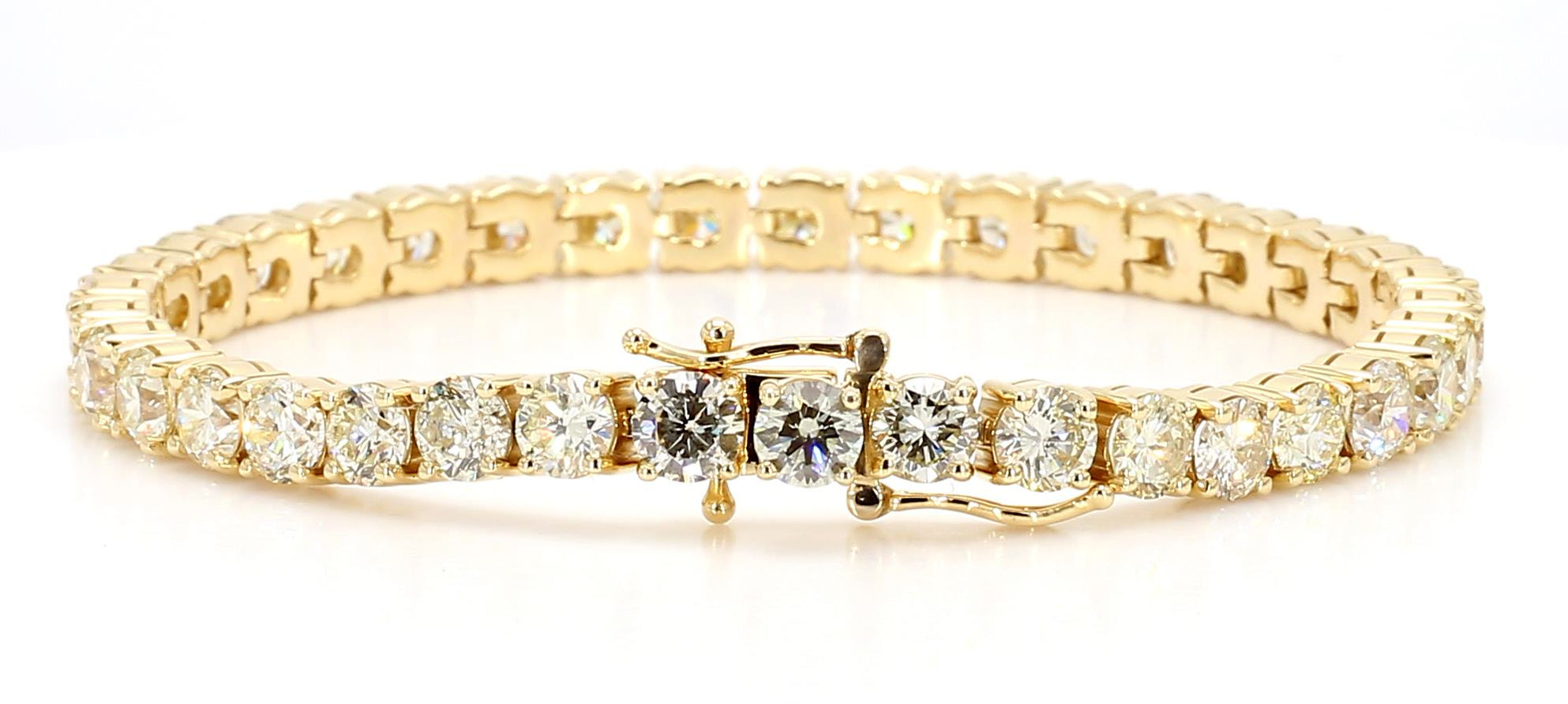 Natural White Round Diamond 14.12 Carat TW Yellow Gold Tennis Bracelet