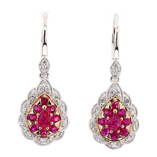 Natural Red Pear Ruby and White Diamond 1.37 Carat TW Gold Drop Earrings
