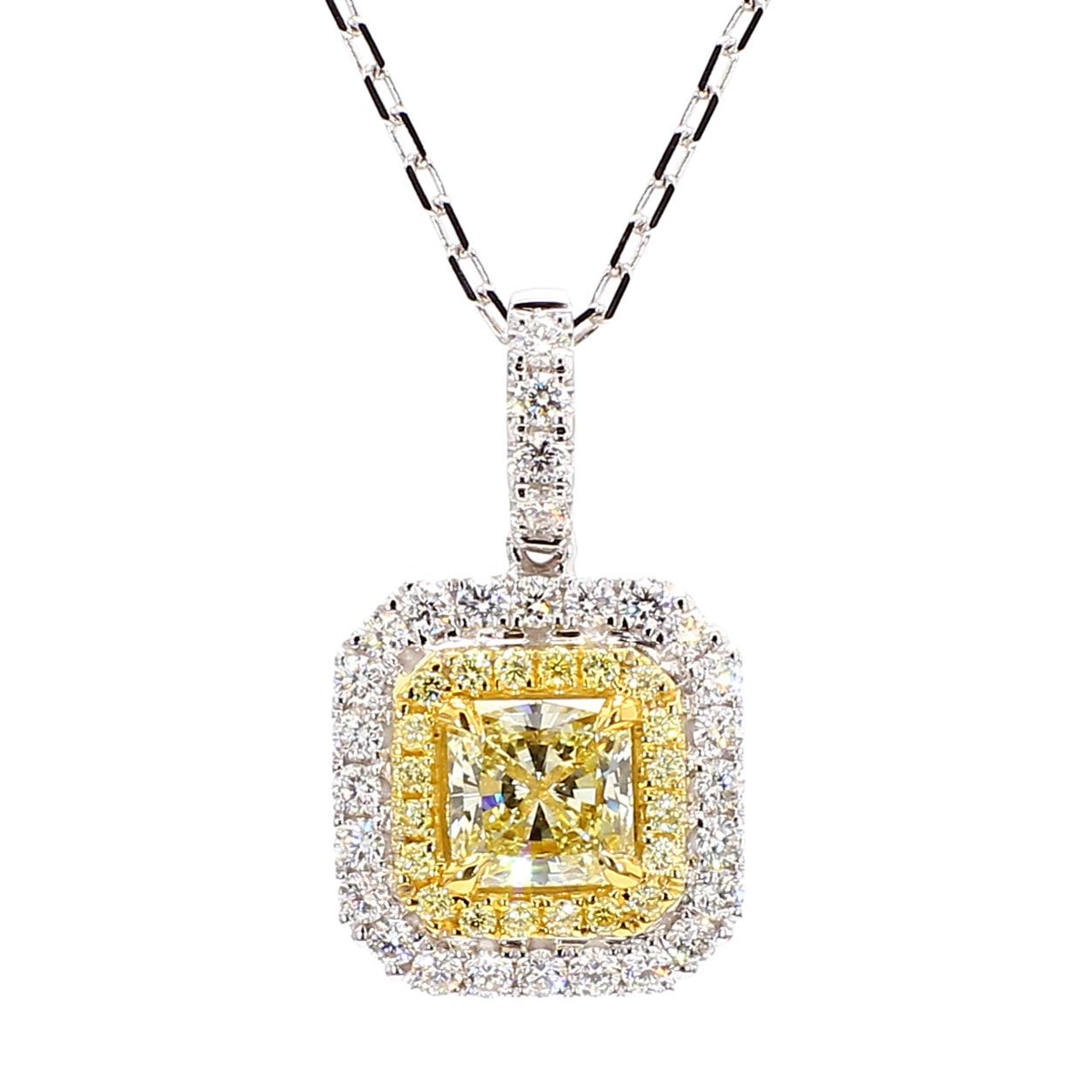 GIA Certified Natural Yellow Radiant Diamond 1.45 Carat TW Gold Drop Pendant