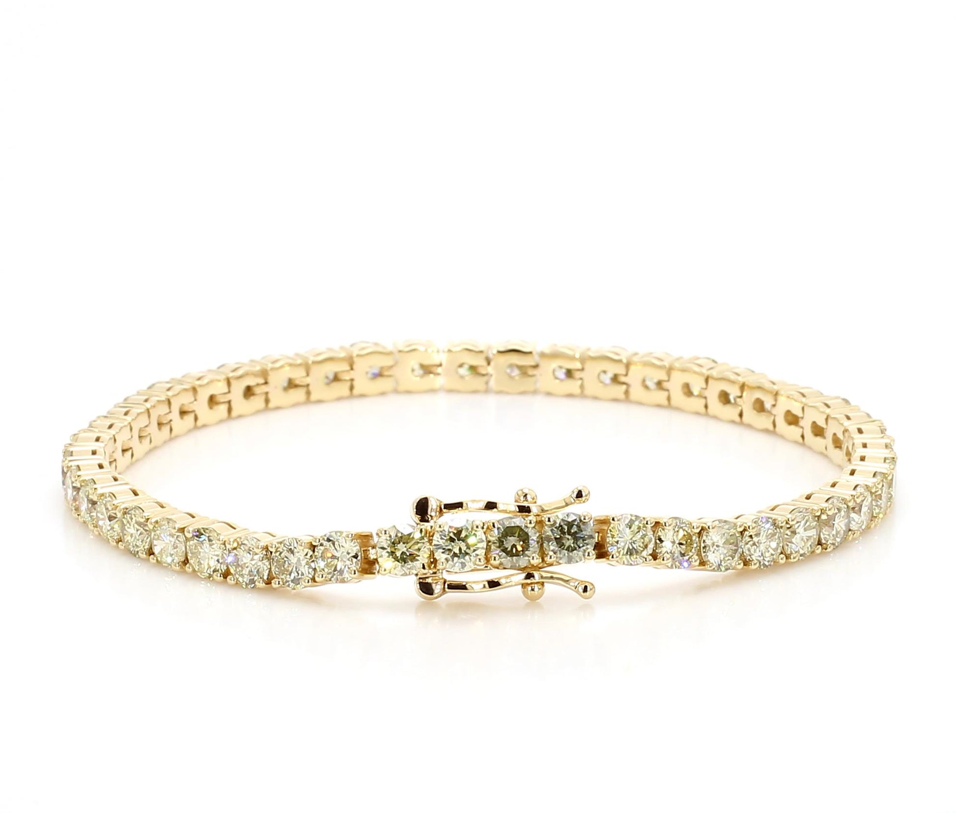 Natural White Round Diamond 8.94 Carat TW Yellow Gold Tennis Bracelet