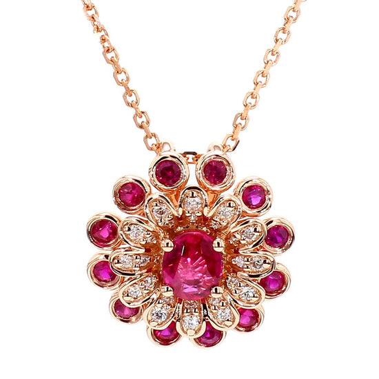 Natural Oval Red Ruby and White Diamond 0.89 Carat TW Gold Drop Pendant
