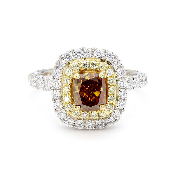 GIA Certified Fancy Deep Yellow Brown Cushion Diamond 1.93 Carat TW Gold Ring