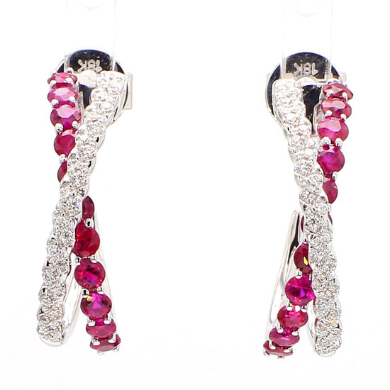Natural Red Round Ruby and White Diamond 0.83 Carat TW Rose Gold Drop Earrings