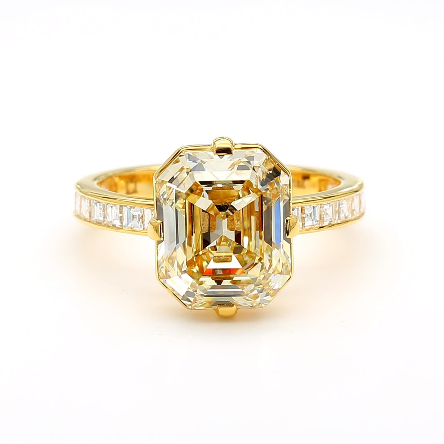 GIA Certified Fancy Yellow Emerald Diamond 4.74 Carat TW Gold Cocktail Ring