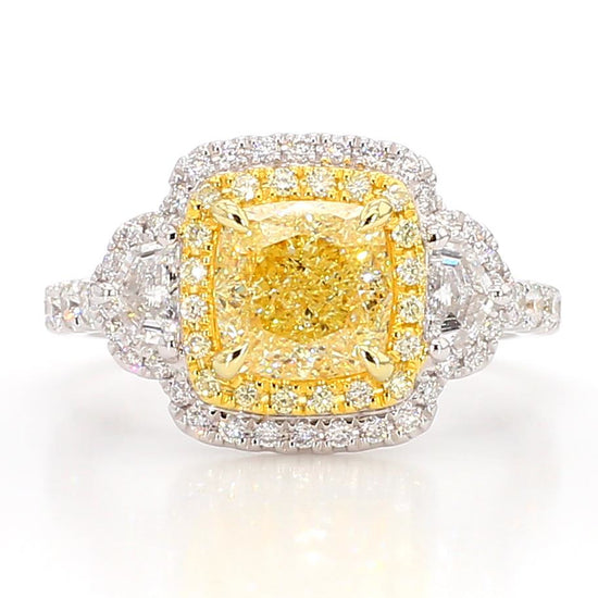 GIA Certified Natural Yellow Cushion Diamond 3.05 Carat TW Plat Cocktail Ring