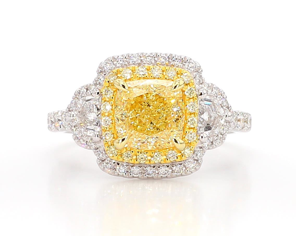 GIA Certified Natural Yellow Cushion Diamond 3.05 Carat TW Plat Cocktail Ring