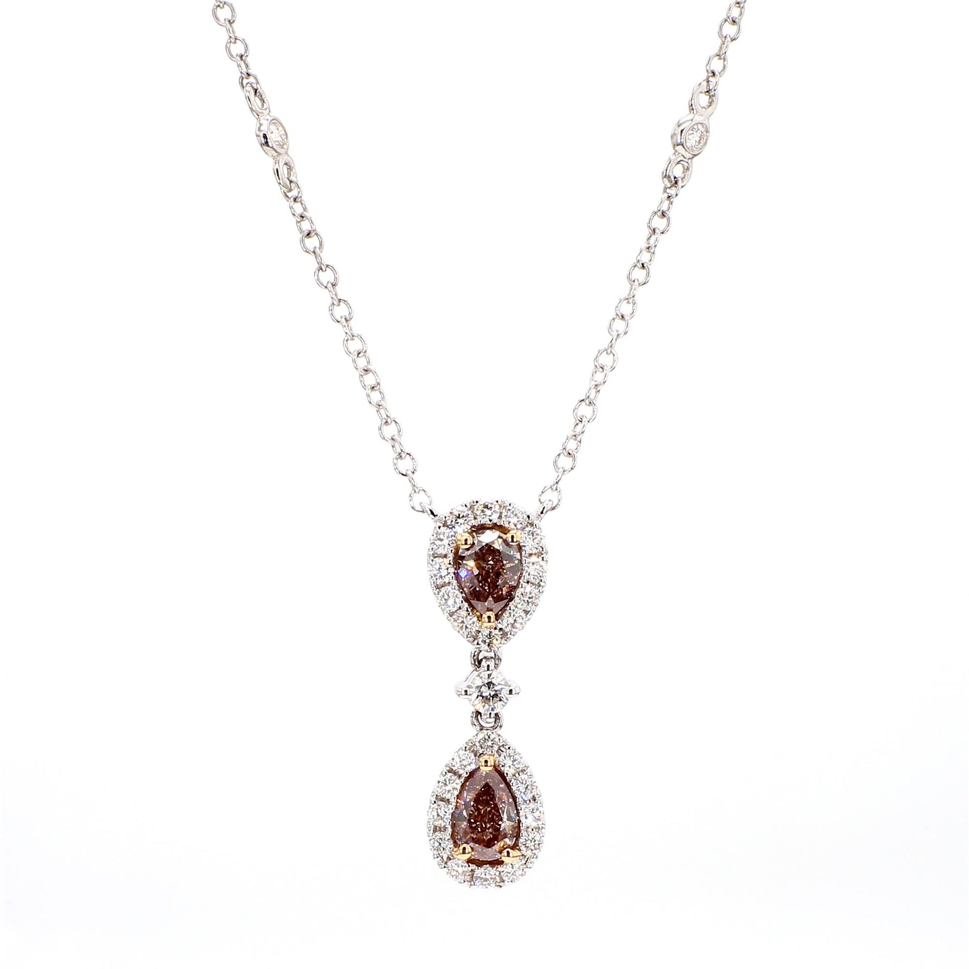 GIA Certified Natural Brown Pear Diamond 1.08 Carat TW Gold Necklace