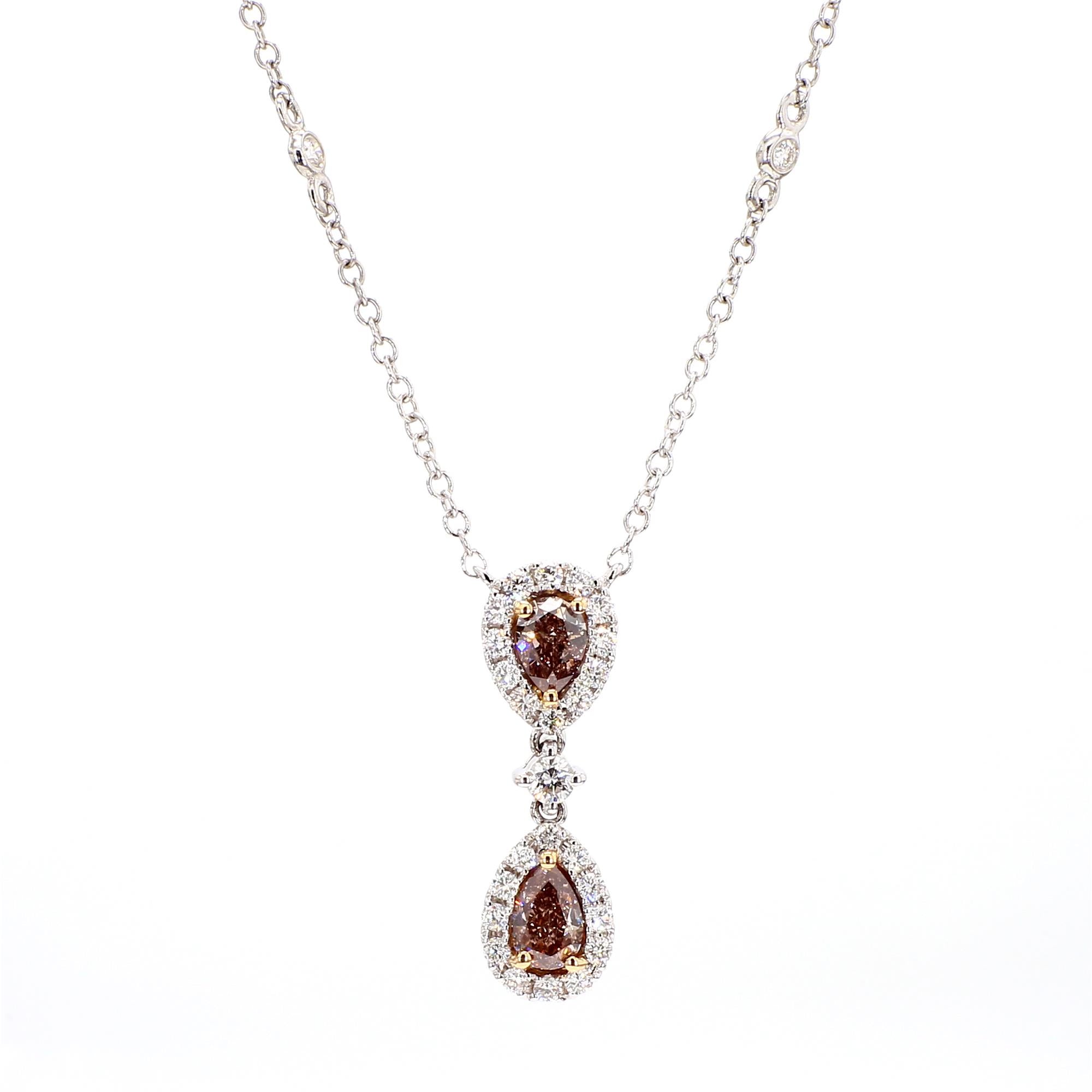 GIA Certified Natural Brown Pear Diamond 1.08 Carat TW Gold Necklace