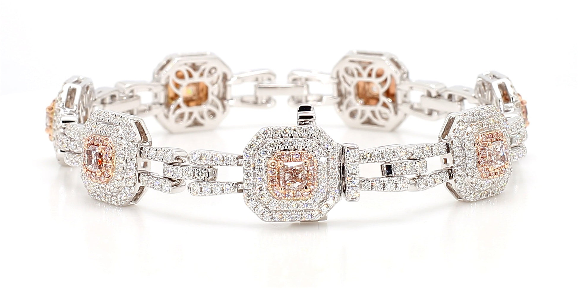 GIA Certified Natural Pink Radiant Diamond 5.08 Carat TW Gold Tennis Bracelet