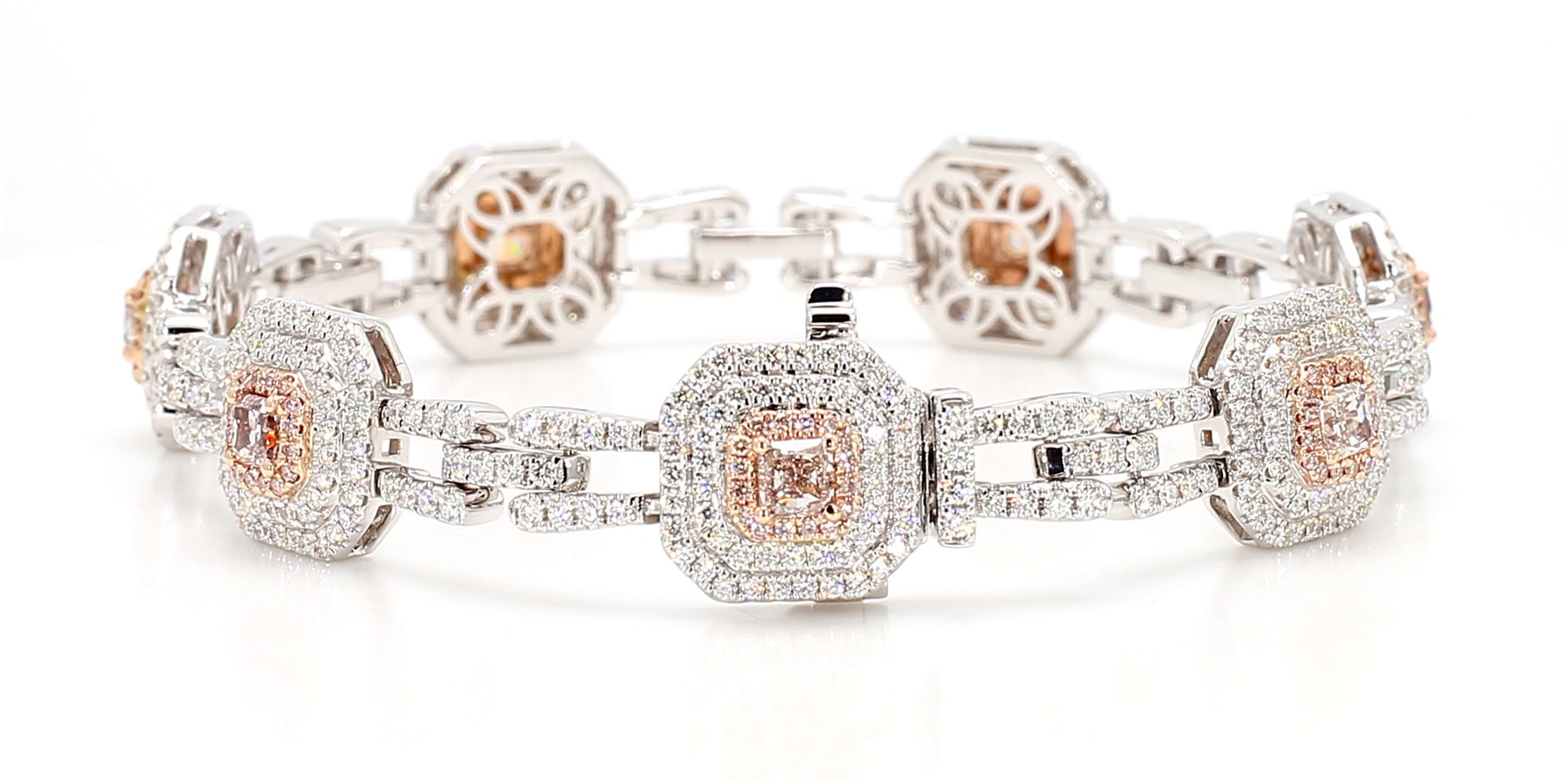 GIA Certified Natural Pink Radiant Diamond 5.08 Carat TW Gold Tennis Bracelet