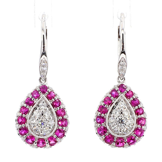 Natural Red Round Ruby and White Diamond 1.34 Carat TW White Gold Drop Earrings