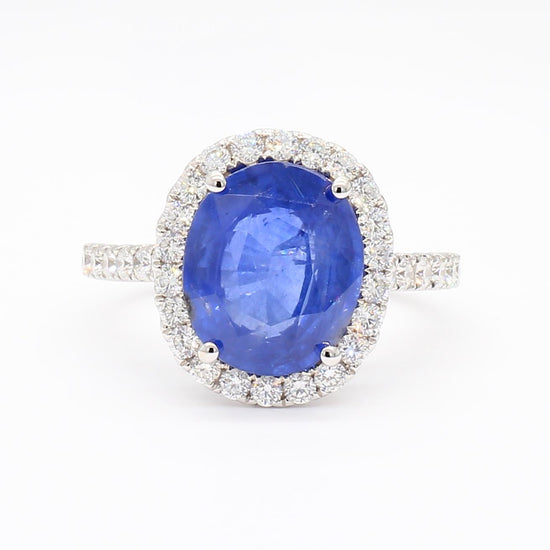 Natural Blue Oval Sapphire and White Diamond 4.78 Carat TW Gold Cocktail Ring