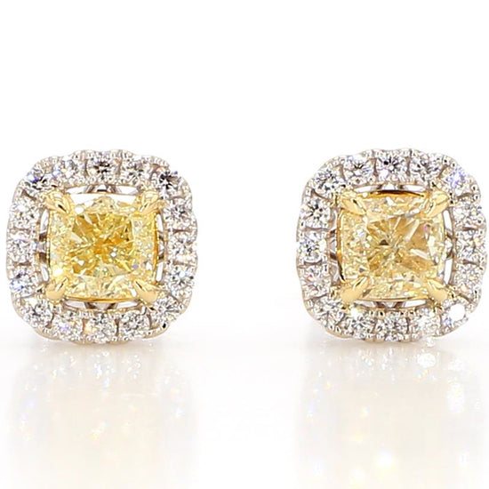 Natural Yellow Cushion and White Diamond 1.74 Carat TW Gold Stud Earrings