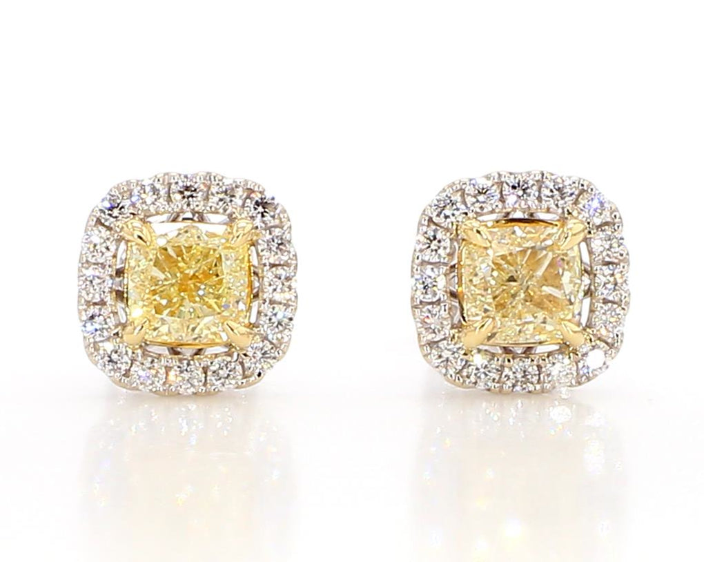 Natural Yellow Cushion and White Diamond 1.74 Carat TW Gold Stud Earrings