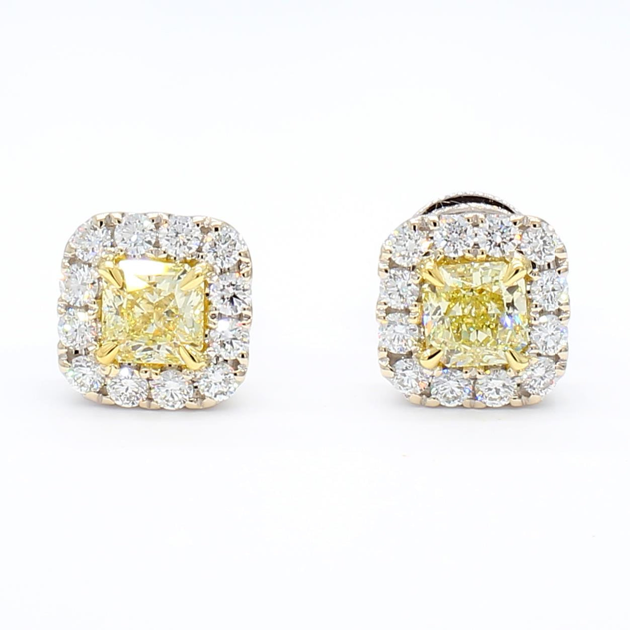 GIA Certified Natural Yellow Radiant Diamond 1.39 Carat TW Gold Stud Earrings