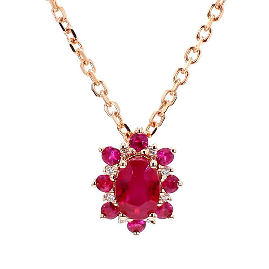 Natural Oval Red Ruby and White Diamond .83 Carat TW Rose Gold Pendant