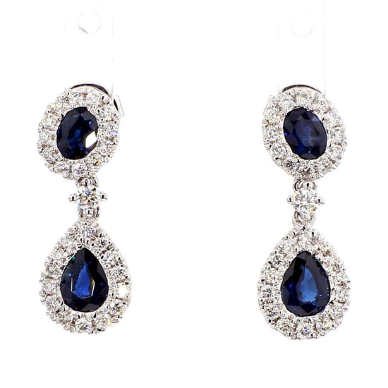 Natural Blue Pear Sapphire and White Diamond 1.66 Carat TW Gold Drop Earrings