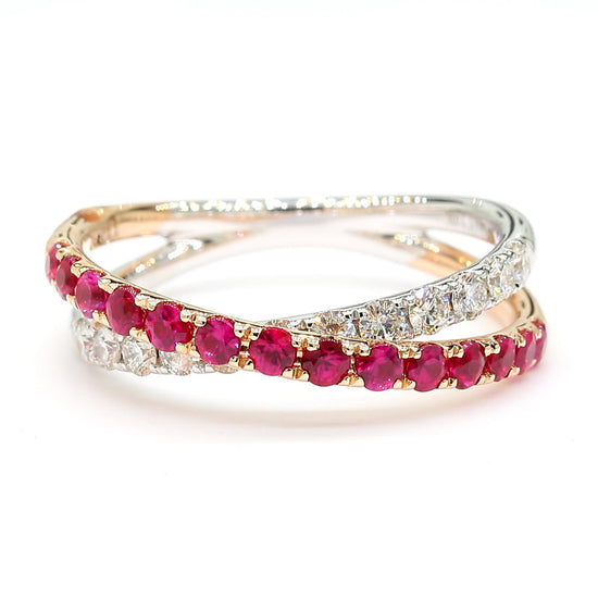 Natural Red Round Ruby and White Diamond .85 Carat TW Gold Cocktail Band