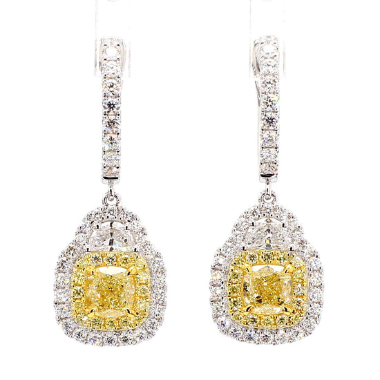 GIA Certified Natural Yellow Cushion Diamond 3.16 Carat TW Gold Drop Earrings