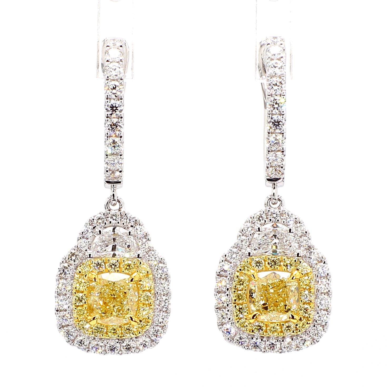 GIA Certified Natural Yellow Cushion Diamond 3.16 Carat TW Gold Drop Earrings