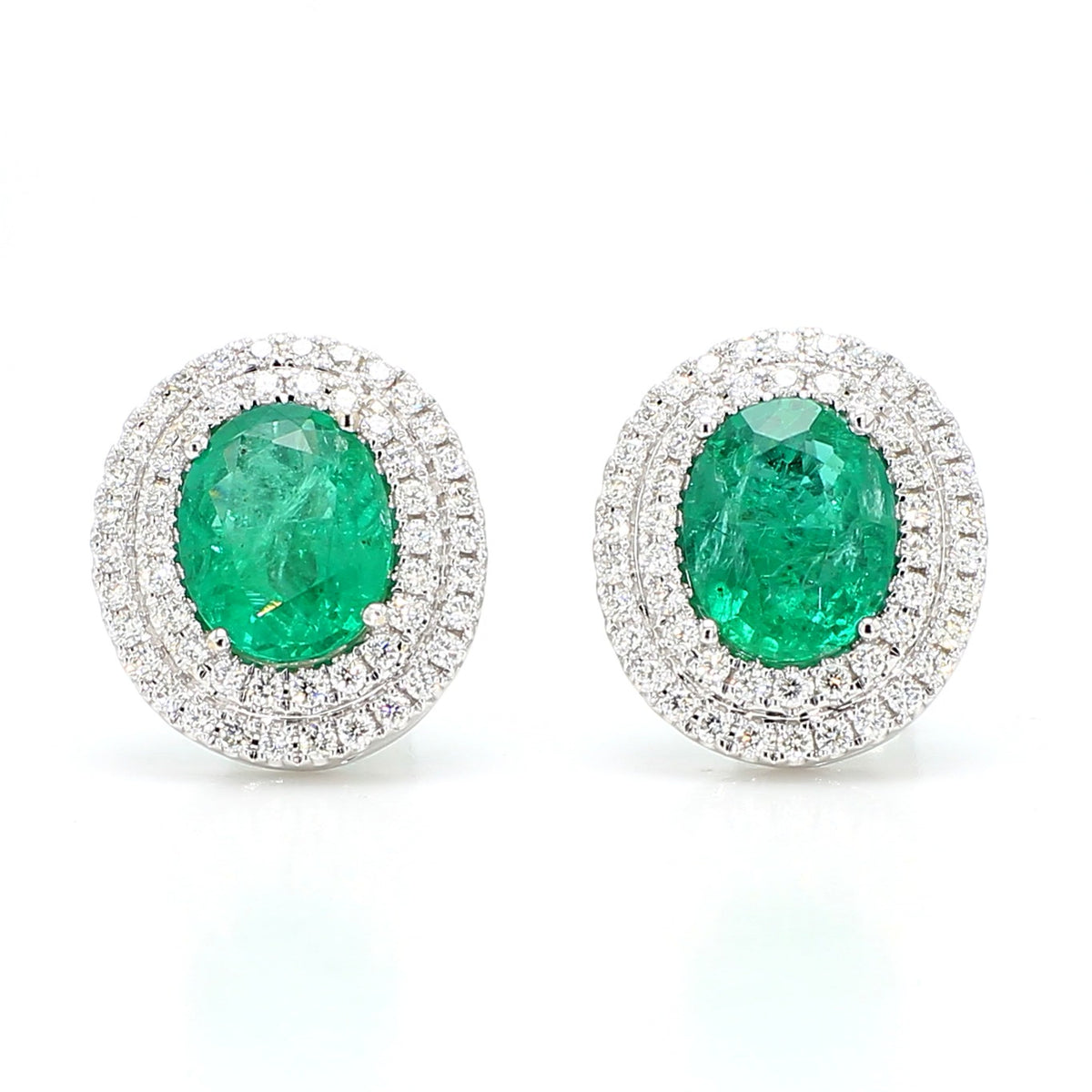 Natural Oval Emerald and Diamond 4.05 Carat TW Gold Stud Earrings