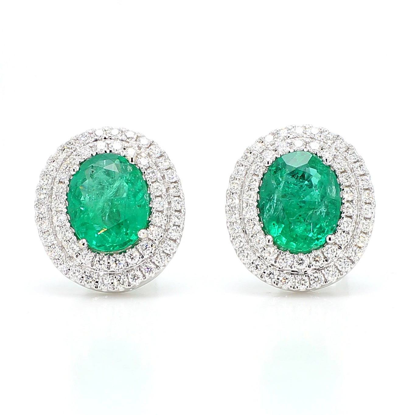 Natural Oval Emerald and Diamond 4.05 Carat TW Gold Stud Earrings