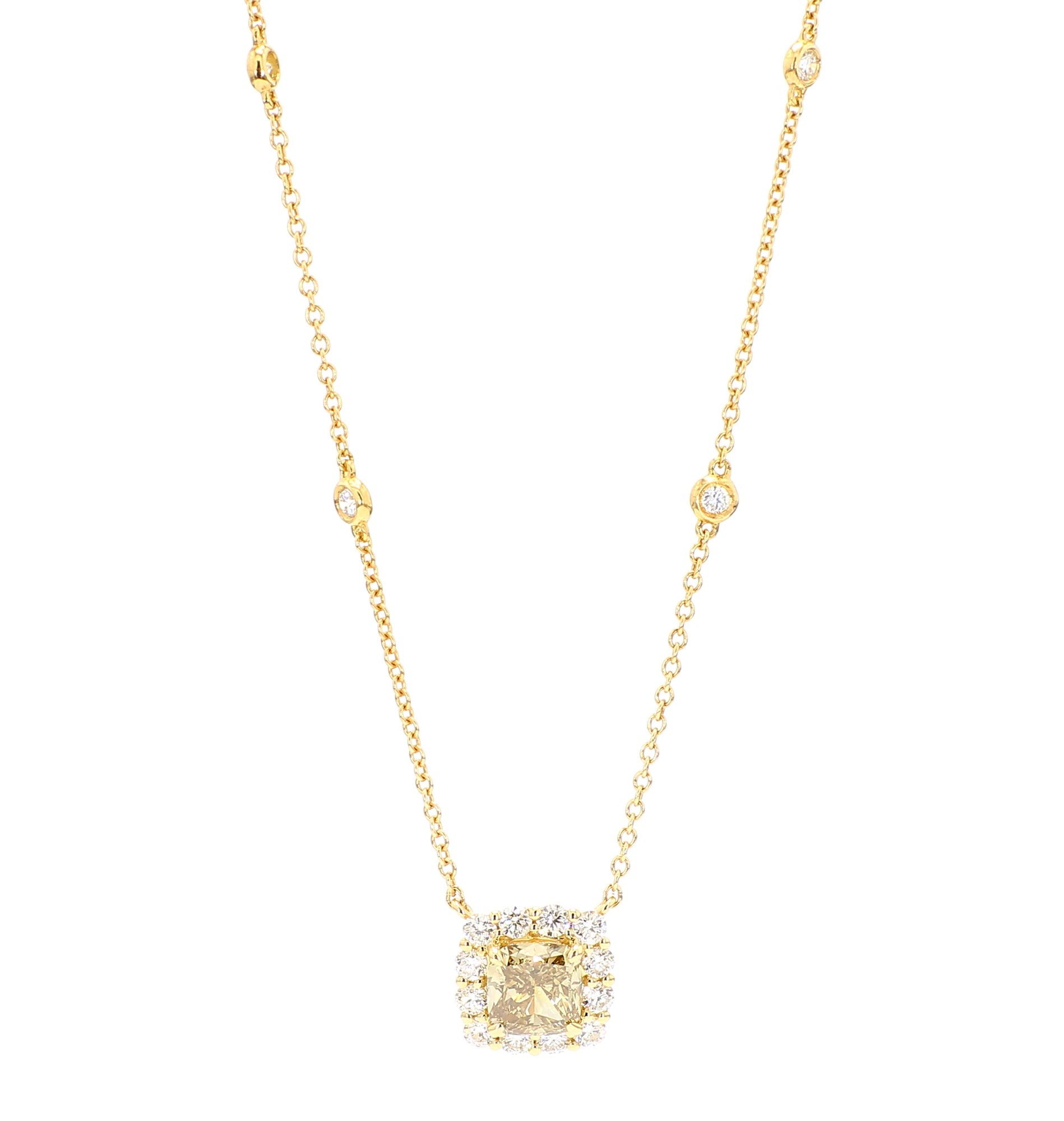 GIA Fancy Brownish Greenish Yellow Diamond 1.48 Carat TW Gold Necklace