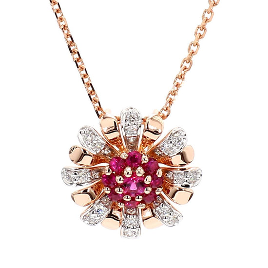 Natural Round Red Ruby and White Diamond .31 Carat TW Rose Gold Pendant
