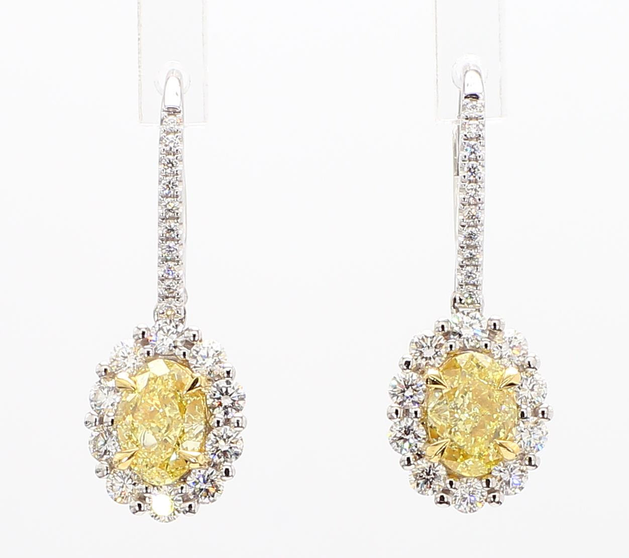 Natural Yellow Oval Diamond 2.17 Carat TW Gold Drop Earrings