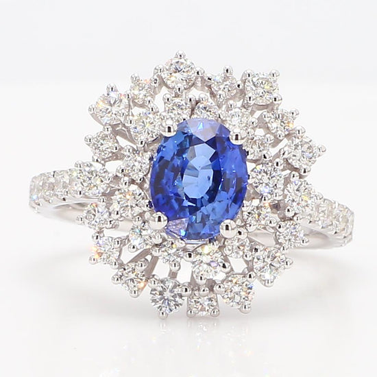 Natural Blue Oval Sapphire and White Diamond 2.86 Carat TW Gold Cocktail Ring