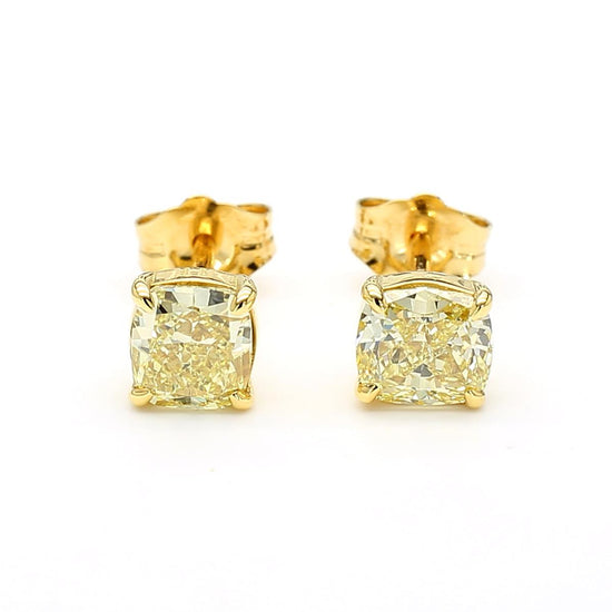 GIA Certified Fancy Light Yellow Cushion Diamond 1.42 CT TW Gold Stud Earrings