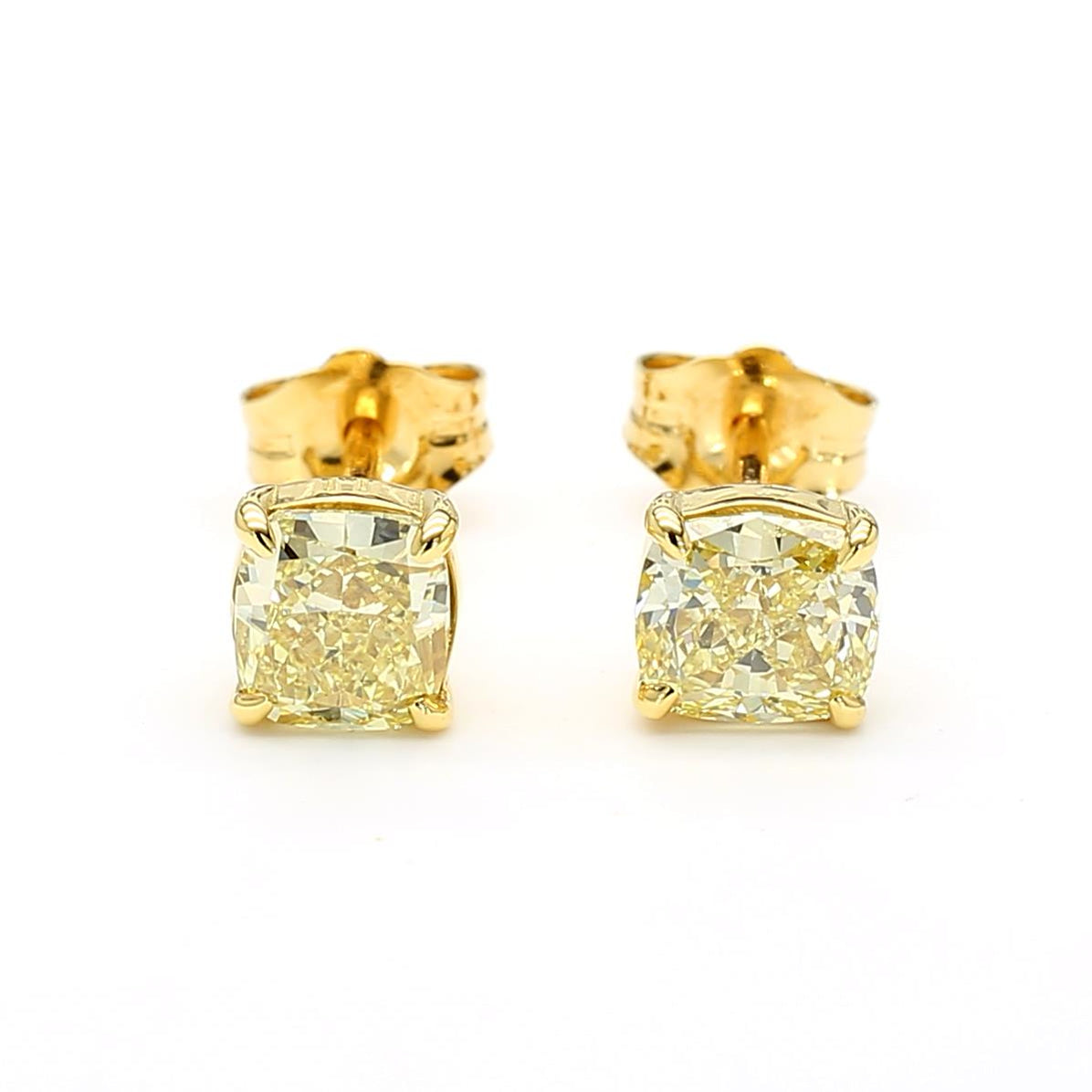 GIA Certified Fancy Light Yellow Cushion Diamond 1.42 CT TW Gold Stud Earrings