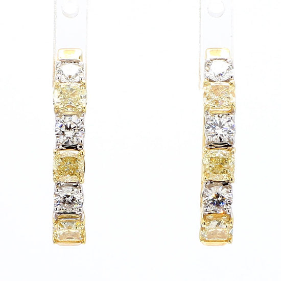 Natural Yellow Cushion and White Diamond 2.37 Carat TW Gold Hoop Earrings