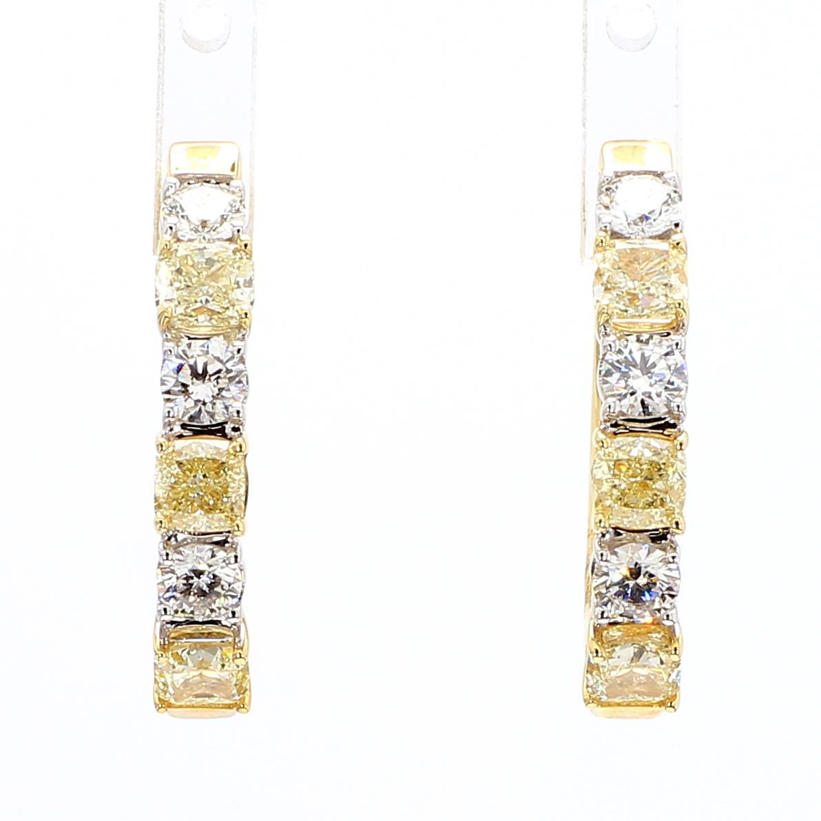 Natural Yellow Cushion and White Diamond 2.37 Carat TW Gold Hoop Earrings