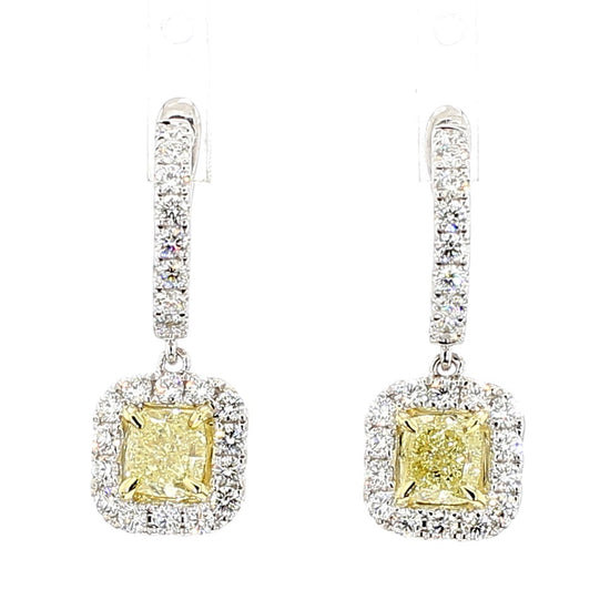 GIA Certified Natural Yellow Cushion Diamond 2.67 Carat TW Gold Drop Earrings