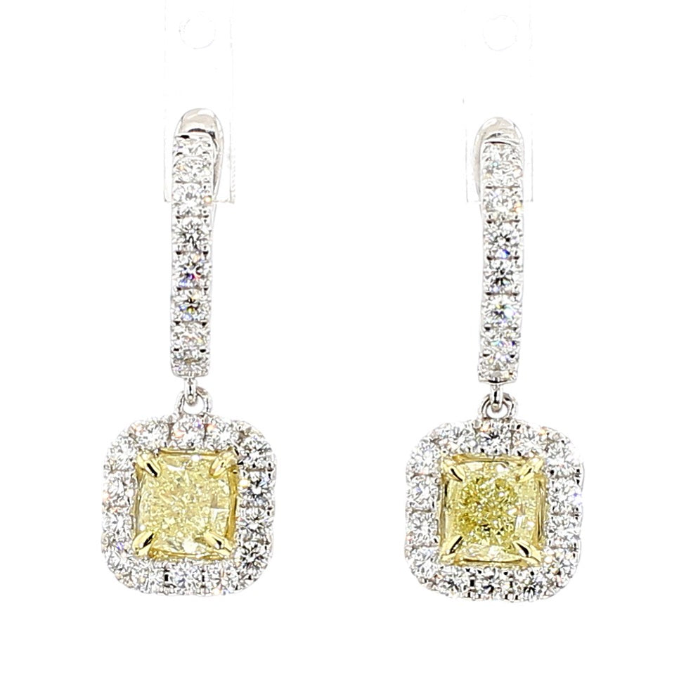 GIA Certified Natural Yellow Cushion Diamond 2.67 Carat TW Gold Drop Earrings
