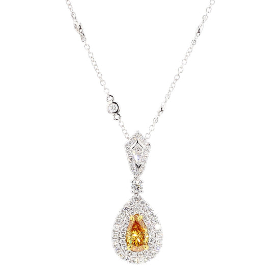 GIA Natural Fancy Vivid Yellow-Orange Pear Diamond 1.69 Carat TW Gold Necklace