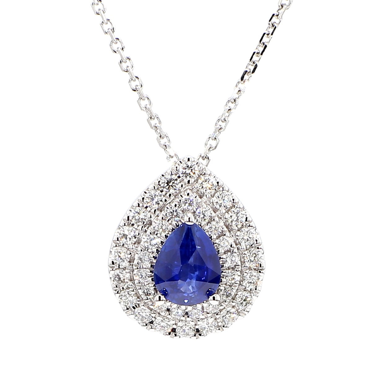Natural Blue Pear Sapphire and White Diamond 1.40 Carat TW Gold Drop Pendant