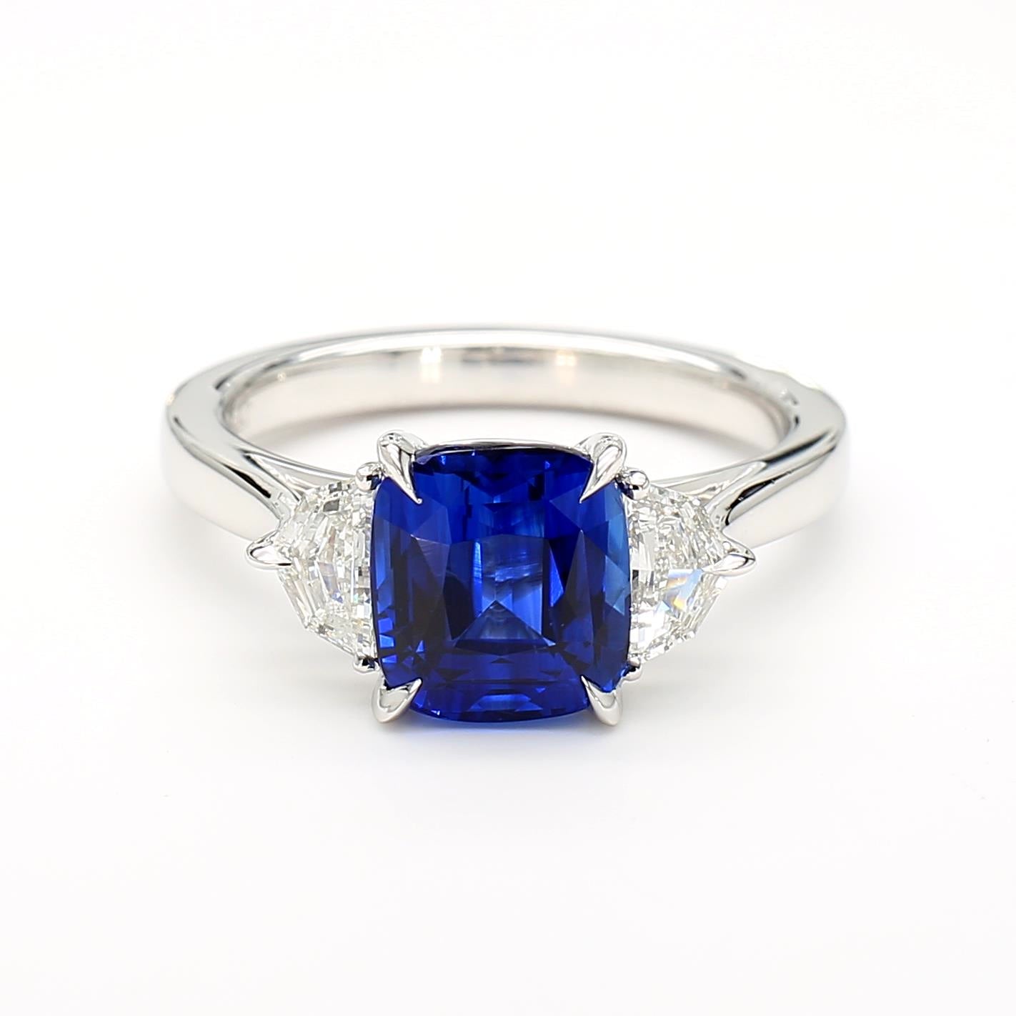 GIA Certified Deep Blue Cushion Sapphire and White Diamond 3.43 CT TW Gold Ring