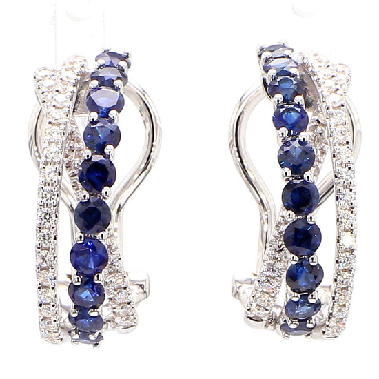 Natural Blue Round Sapphire and Diamond 1.76 Carat TW Gold Hoop Earrings