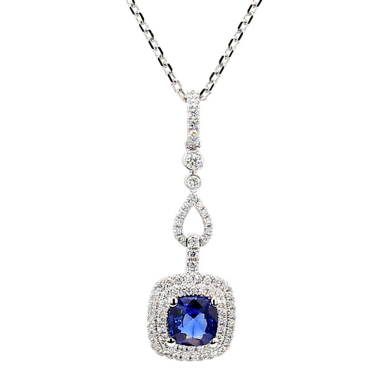 Natural Blue Cushion Sapphire and White Diamond 1.23 Carat TW White Gold Pendant