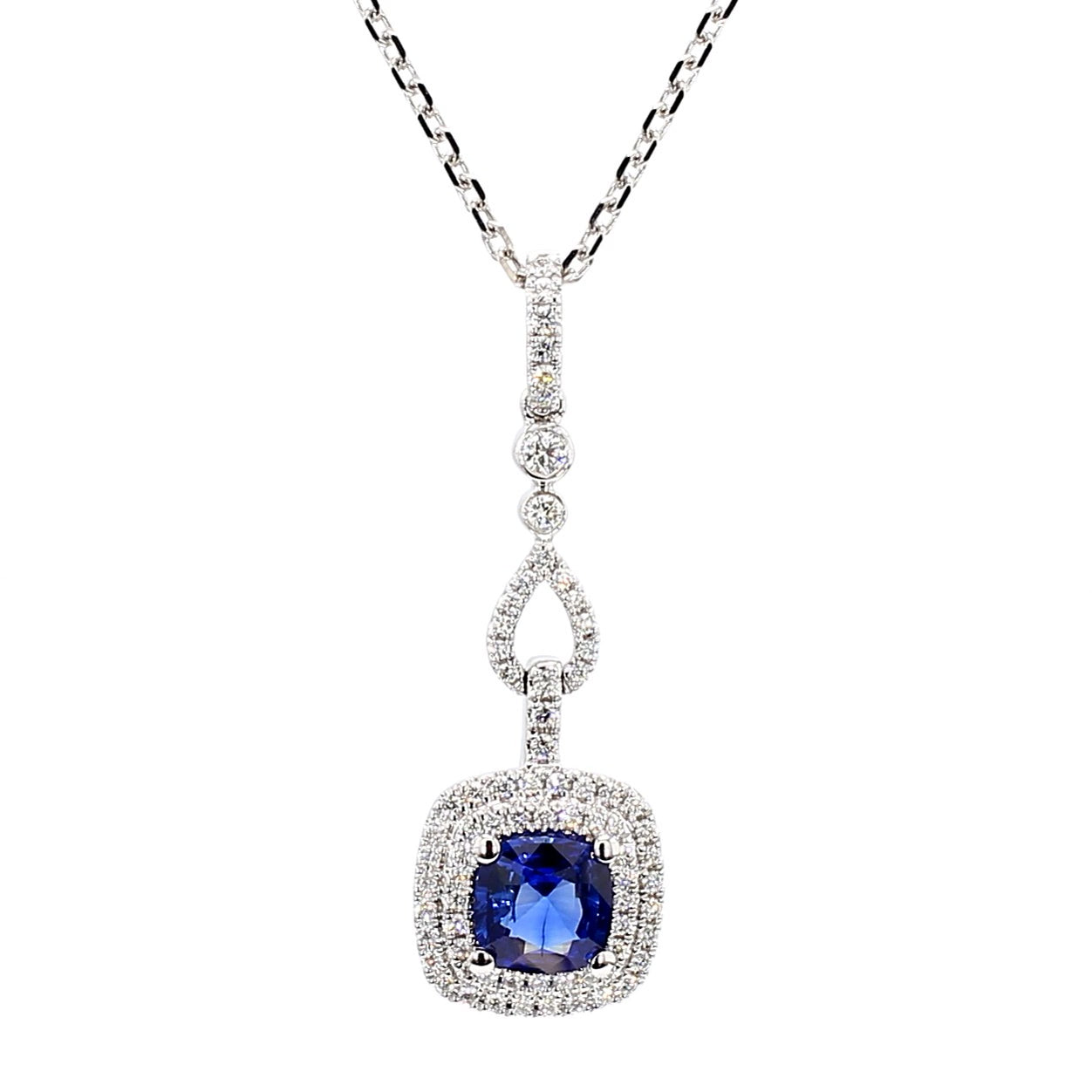 Natural Blue Cushion Sapphire and White Diamond 1.23 Carat TW White Gold Pendant