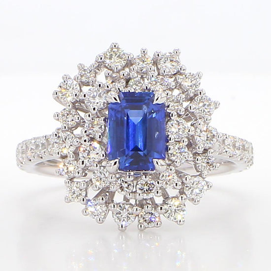 Natural Blue Radiant Sapphire and White Diamond 2.28 Carat TW Gold Cocktail Ring