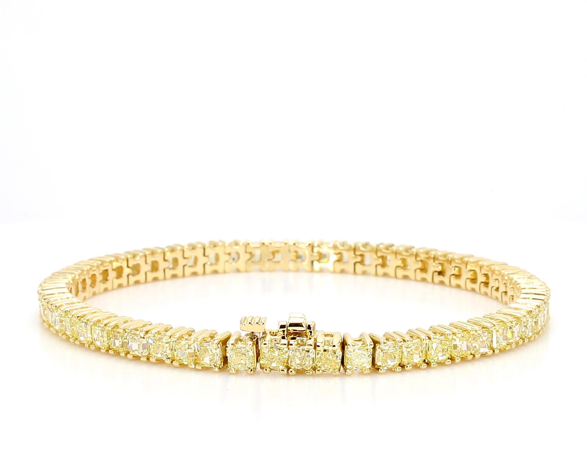 Natural Yellow Radiant Cut Diamond 8.15 Carat TW Gold Tennis Bracelet