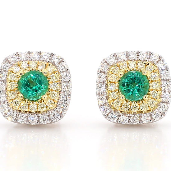 Natural Round Emerald and White Diamond .91 Carat TW Gold Stud Earrings