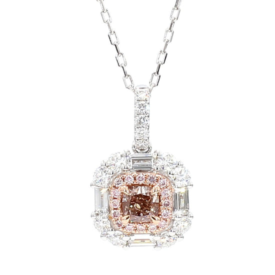 GIA Natural Fancy Pinkish Brown Cushion Diamond 1.66 Carat TW Gold Pendant