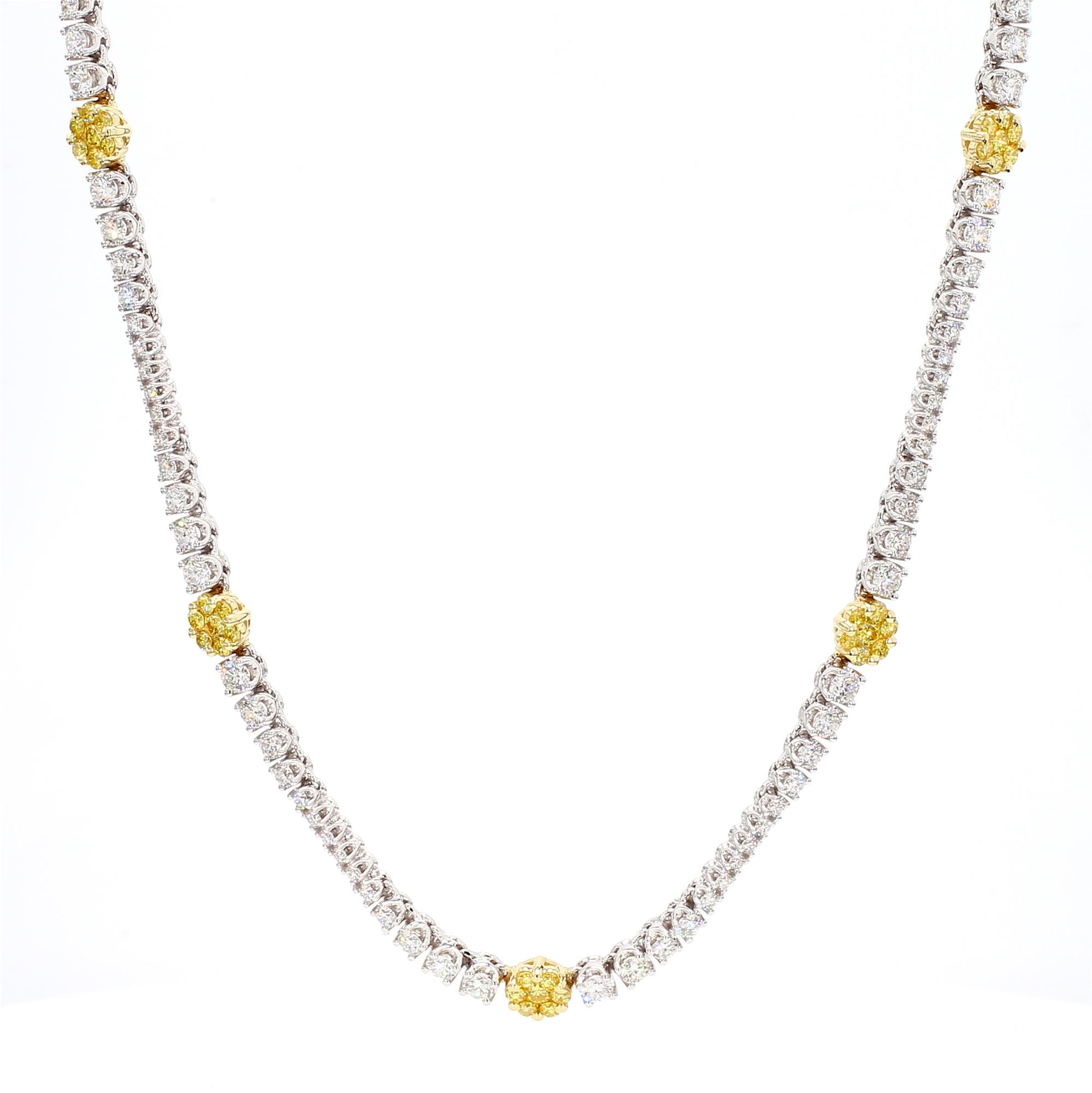 Natural Yellow Round and White Diamond 7.93 Carat TW Gold Drop Necklace