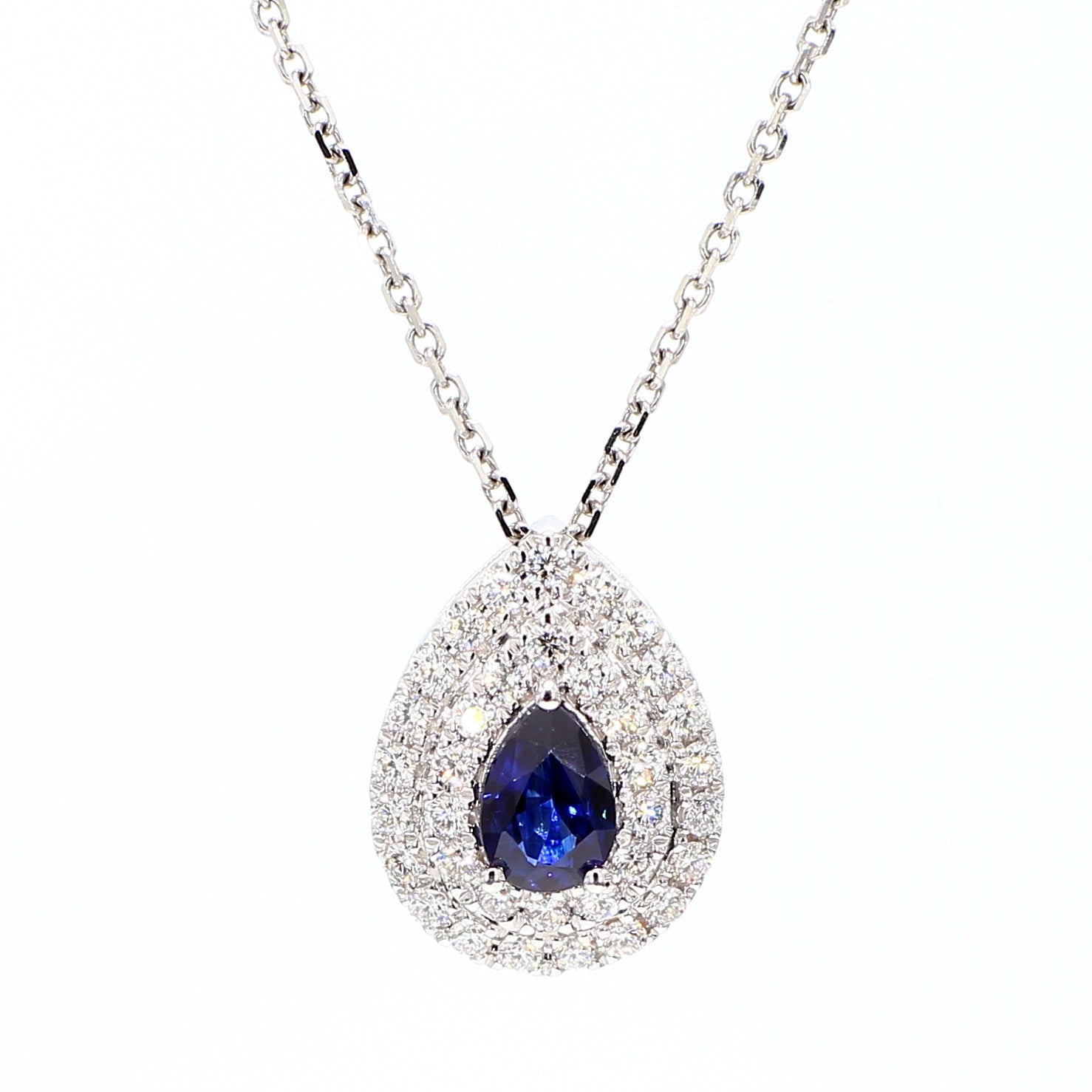 Natural Blue Pear Sapphire and White Diamond 0.73 Carat TW Gold Drop Pendant