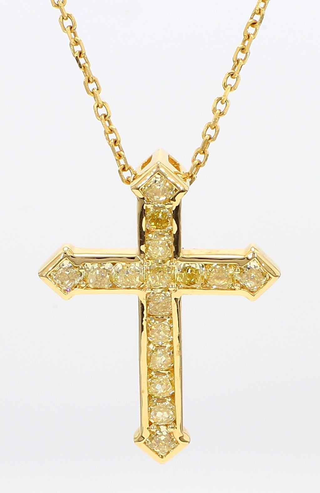 Natural Yellow Radiant Diamond 1.22 Carat TW Yellow Gold Cross Pendant